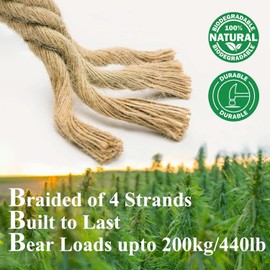 12 mm * 10 m (1/2 in * 33 ft) Thick Jute Rope, 4 Strands Twisted Swing Rope, Heavyduty Tug of War Rope, Burlap Cord for Crafts, Gardening, Hammock, Home Decorating, Railings, Climbing, Dock