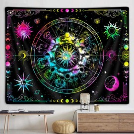 VEIGIKE Zodiac Astrology Constellation Tapestry, Colorful Sun and Moon Phase Stars Tapestries Wall Hanging for Teen Boys Girls Bedroom Neon Blacklight Poster College Dorm Home Decor 60"X40"