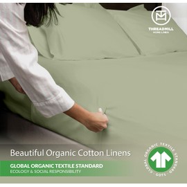 Threadmill Luxury Organic Cotton Sheets - GOTS Certified 4 Piece King Sage Green Percale Sheets Set, Breathable, Premium Sheet Set - Smooth & Cool Bedding Perfect Elastic Deep Pocket Fit