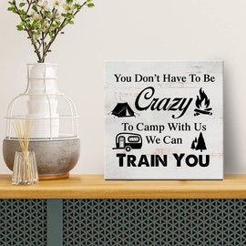 You Don’t Have to Be Crazy to Camp With Us Camping Sign Canvas Wall Art Home Decor 8 x 8 Inch Humor RV Camper Canvas Print Painting Framed Plaque Rustic Desk Shelf Artwork
