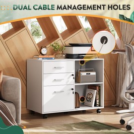 DEVAISE 3-Drawer Wood File Cabinet with Lock, Mobile Lateral Filing Cabinet, Printer Stand with Open Storage Shelves for Home Office, White