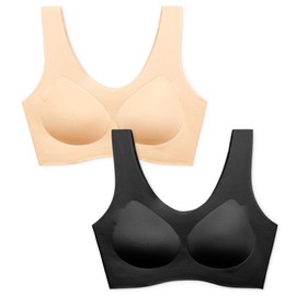 PURILINE 2 Pack Women's Seamless Soft Bra, Wireless Sleep Comfortable Pullover Bras for Women, Full Coverage T-Shirt Bralette, Black and Beige, Large