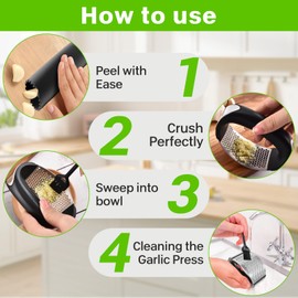 pobugy Garlic Press Rocker Set,with Garlic Peeler and Cleaning Brush The Garlic Mincer Tool Squeezes Extracts,Crushesextract more Garlic Paste