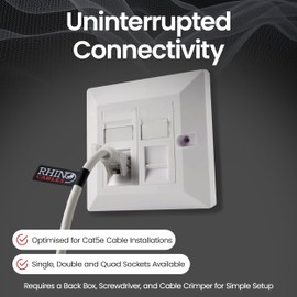 rhinocables CAT5e Ethernet Faceplate | Double 2 & Quad 4 RJ45 Gang Wall Sockets | Simple CAT 5 Setup for Printers, VoIP, Phones & More | Network Expansion for Home or Business (2 Port,Pack of 10)