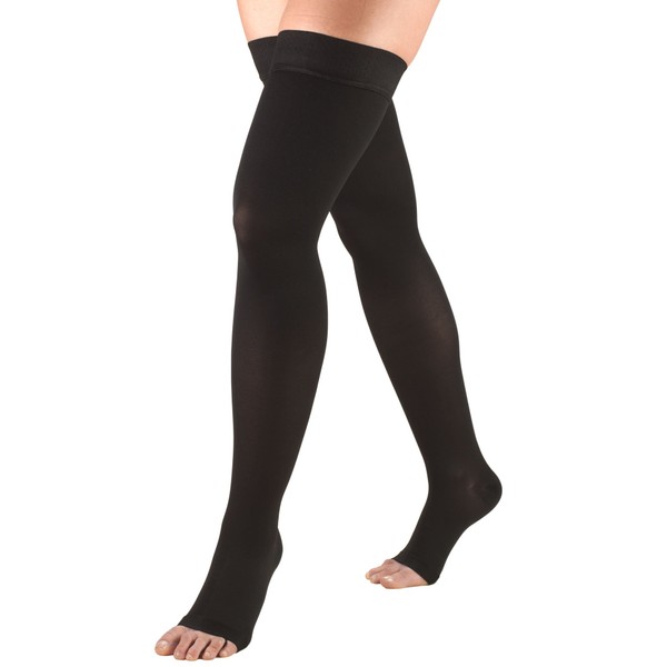 Truform 20-30 mmHg Compression Stockings for Men and Women, Thigh High Length, Dot-Top, Open Toe, Black, Medium