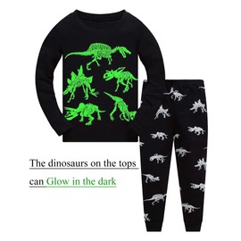 Akyzic Little Boys Pajamas Dinosaur Glow In the Dark Pjs Set Toddler Cotton Long Sleeve Sleepwear Children 2 Piece Outfit Nightwear For Kids Age 4 Years