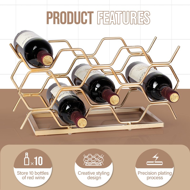 Drincarier Countertop Wine Rack - 10 Bottle Freestanding Modern Gold