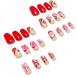 24Pcs Valentines Nails Medium Long Press on Nails Pink Silver Glitter Glossy Fake Nails Pink White Heart Line Acrylic Nails Gold Glitter Stripe Full Cover False Nails Stick on Nails for Women Girls