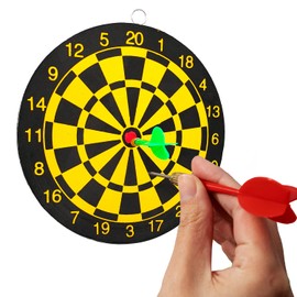 BullTek Small Dart Target Game 22.5 cm Target Shooting Board Double-Sided Sign Shooting for Adults and Children with 2 Steel Arrows DartBoard Yellow Black Round House Wall Hanging, Bers225