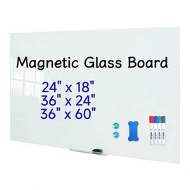 DEVELOP Magnetic Glass Whiteboard, 24 x 18 Inches (60 x 45 cm), Small Tempered Glass Dry Erase Board for Wall, Frameless Whiteboards with Marker Tray, 4 Markers, 2 Magnets, 1 Eraser