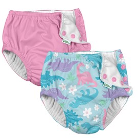 i Play (2 Pack) Girls Reusable Absorbent Baby Swim Diapers - Swimming Suit Bottom | No Other Diaper Necessary Aqua Dinosaurs and Light Pink 6 Months