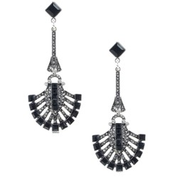 Extra Long Silver Tone Art Deco Antique Vintage Style Jet Black Onyx Rhinestone Fan Flapper Gatsby Prom Wedding Bridal Earrings