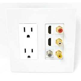 RiteAV - 2 x 15 Amp 125V Power Outlet 3 x RCA - 2 X HDMI and 1 x Coax Cable TV Port Screwless Wall Plate White
