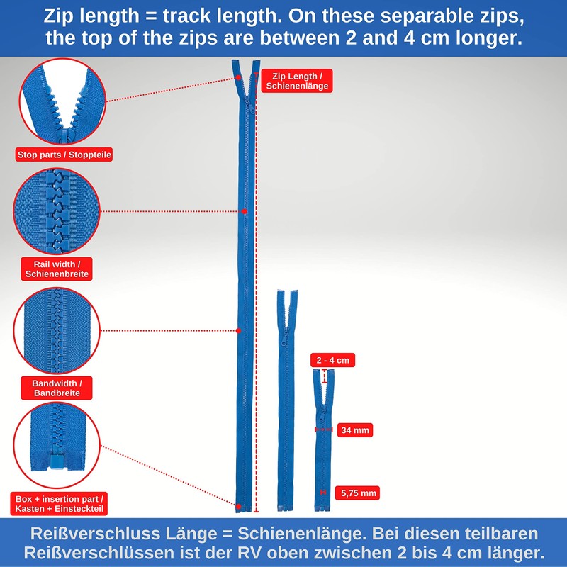 Separable Zipper, 2 Pack, 45cm Rail Length, in White, 1-Way