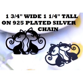 Fashion Jewelry TWIN BLACK CATS Pendant on 925 Plated Sterling Silver 24" Necklace FREE GIFT BOX