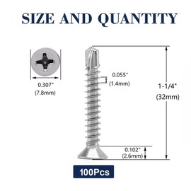 #8 x 1-1/4" Sheet Metal Screws 100Pcs 410 Stainless Steel Flat Head Fast Self Tapping Screws by SG TZH