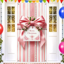 BlissYard Pink Christmas Door Cover Banner 35x71 Inch Gift Box Wall Hanging with Satin Bow and Floral Merry Christmas Sign for Front Porch Indoor Outdoor Holiday Decoration Winter Party Backdrop
