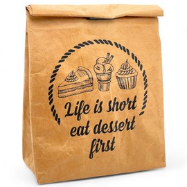 MIJOMA Lunchbag Lunchtüte Frühstückstüte Pausenbrot-Tasche braun, isoliert kalt oder warm, Kühltasche mit Klettverschluss, thermische Tasche wiederverwendbar wasserabweisend (Eat Dessert First)