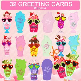 32 Pack Valentines Day Gift Cards with Colorful Crazy Straws for Kids School Classroom Valentine’s Exchange Greeting Cards