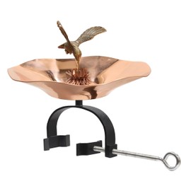 Achla Designs 13.25" Dia. Round Polished Brass/Aluminum Hummingbird Birdbath w/Black Wrought Iron Over Railing Bracket