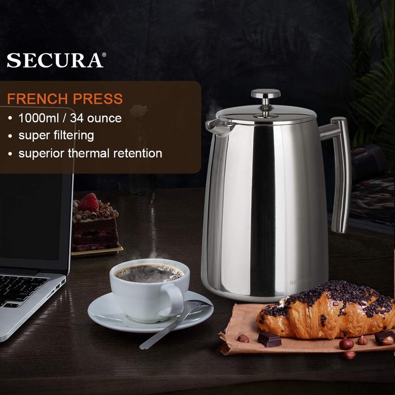 Secura French Press Coffee Maker, 34-Ounce, 304 Stainless Steel Insulated