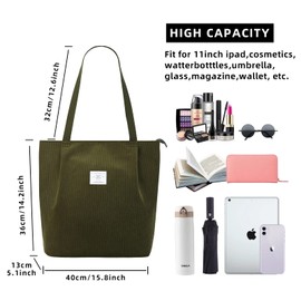 KALIDI Waterproof Corduroy Tote Bag with Zipper Casual Hobo Shoulder Bag Handbag Large Capacity Cord Tote Bag Women Shopping Bag for School Work College Daily Use,Green