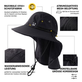 TOP-EX XL/XXL Waterproof Sun Hat Men's Wide Brim Sun Protection Hat Outdoor Trekking Hat with Neck Protection Safari Summer Hat Foldable, 94599_Black