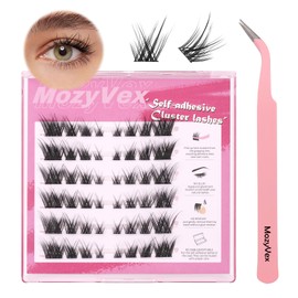 MozyVex 48PCS Enduring Self- Adhesive Eyelashes Cluster DIY Pre-Glued Cluster Lashes Extension D Curl No Glue Need Eyelashes 14mm with Lash Tweezers 1 STEP Easy to Apply(PGEC03)