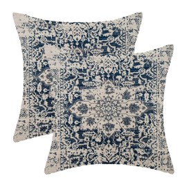 AEIOAE Boho Pillow Covers 20x20 Inch Set of 2,Carpet Pattern Throw Pillows Case,Navy Blue Beige Ethnic Design Outdoor Decorative Square Linen Farmhouse Decor Cushion Covers for Home Sofa Bed Couch
