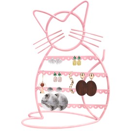 Urban Deco Jewelry Organizer Stand Cat Shaped Earring Holder Organizer Metal 48 Stud Earring Holes Jewelry Holder, Metal Jewelry Display Vanity Organizer For Girls - Macron Pink