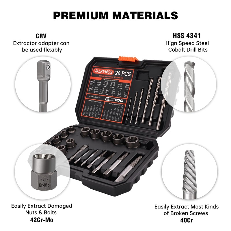 Valkynos 26 Pcs Bolt Extractor Kit and Left Hand Drill