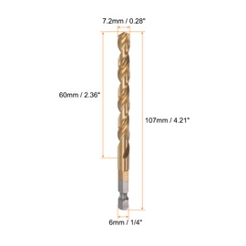 sourcing map 1/4 Inch Hex Shank Drill Bit 7.2 mm Titanium Bore Bits Set M35 High Speed Steel Rotary Drill Bit 107 mm Long Full Grounding for Wood Stainless Steel Metal Plastic