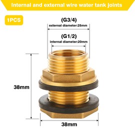 Brass Feed-Through, G1/2 Inch Female Thread (Diameter 19.5 mm), G3/4 Inch Male Thread (Diameter 25.7 mm), Screw-On Connection for Containers, Tanks, Water Barrels, with 2 Rubber Seals for Tap
