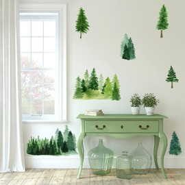 Watercolor Pine Tree Wall Decals Green Pine Tree Wall Sticker Large Tree Wall Decals Nature Woodland Forest Tree Wall Stickers for Nursery Bedroom Living Room Decor