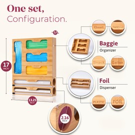 YOLYN Bamboo Kitchen Storage Bag Organizer, Drawer Organizer with Foil Dispenser, Bamboo Organizer for Sandwich Bags, Plastic Wrap, Baggie and Foil, Premium Kitchen Drawer Organizer