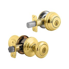 Kwikset 991 Cameron Entry Knob and Single Cylinder Deadbolt Combo Pack featuring SmartKey® in Satin Nickel, Polished Brass