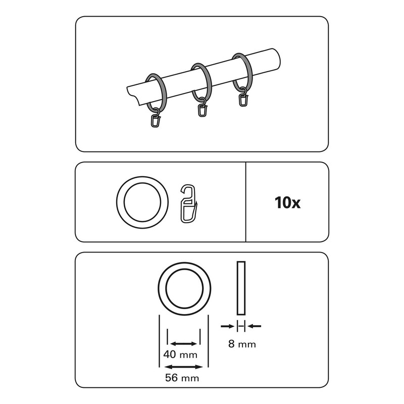 GARDINIA Curtain Rings for Curtain Rods, Diameter 28 mm, with