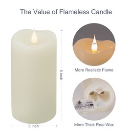 TECHLONG Flickering Flameless Candles with 3D Moving Flame, Last 1000+ Hours Battery Operated Candles with Timer, Ivory Real Wax Pillar Electric LED Candle for Wedding Christmas Party/3" x 6"