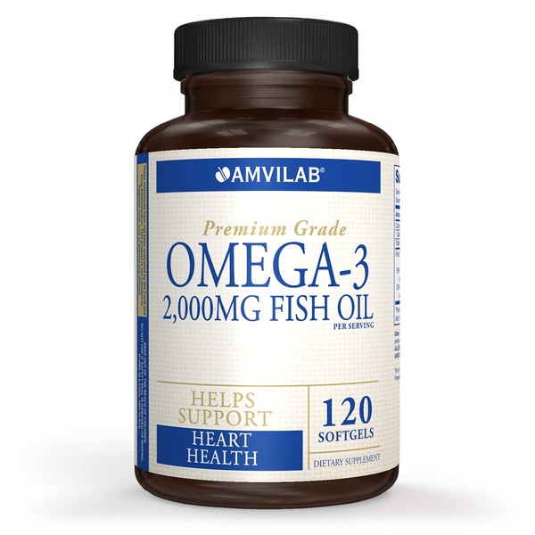 AMVILAB Omega 3 Fish Oil- Burpless, Non-GMO, NSF-Certified, 120 Count of Enteric Coated Softgels-No Fishy Aftertaste. May Support The Health of Joints, Health of Heart & Brain Health
