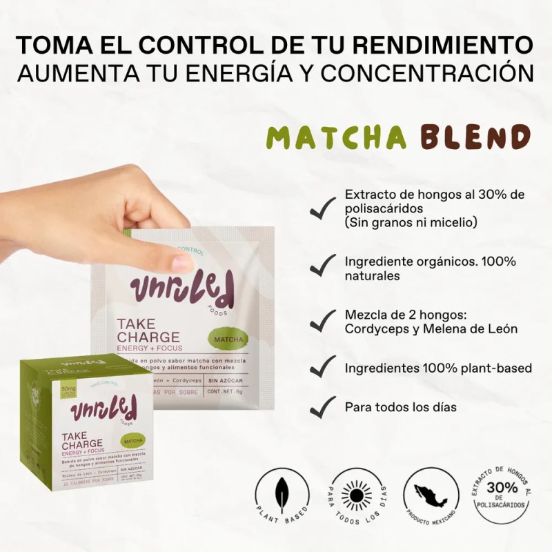 Matcha en Polvo UNRULED FOODS con Hongos Adaptógenos Pack 10