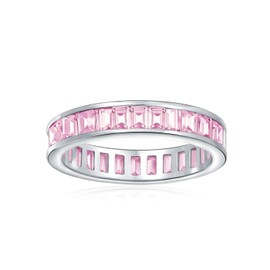 AAA Cubic Zirconia Pink Channel Set Rectangle Emerald Cut Baguette CZ Eternity Ring Anniversary Wedding Band For Women .925 Sterling Silver 4MM Stackable Rings