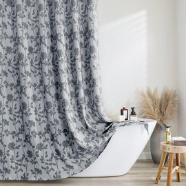 OVZME Black Long Flower Shower Curtain 84 Inch Length, Farmhouse Textured Crinkled Soft Bathroom Shower Curtain, Premium Fabric Machine Washable Cute Bath Decor, Black, 72Wx84L Inches