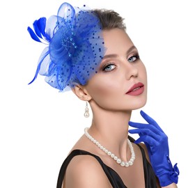 DRESHOW Fascinator Hats for Women Pillbox Hat with Veil Headband and a Forked Clip Tea Party Headpiece, 1 set GL blue, Unit size