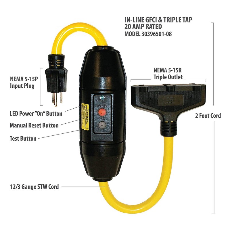 Tower Manufacturing 30396501-08 Manual-Reset 20 AMP Inline GFCI Triple Tap