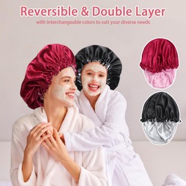 Euqvunn Pack of 2 Silk Bonnet for Sleeping, Adjustable Silk Sleep Cap with Wide Elastic Band, Double-Sided in Two Colours, Protection for Long/Straight/Curly Hair (Black Red)