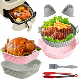 KIROGILY Silicona para Freidora de Aire, Set de 7 Piezas que Incluye Cuatro Molde de Silicona para Freidora de Aire (Redondos y Cuadrados), Brocha de Aceite, Dos pares Guantes y Pinzas