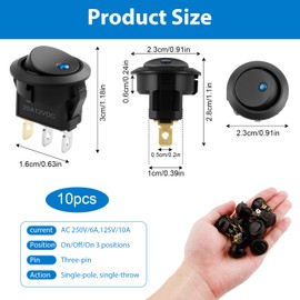 10 x Rocker Switch 12 V 20 A DC Rocker Switch Round On/Off Switch 12 V Waterproof Blue Light Main Switch 3-Pin Car Boat Motorhome Nylon PA66 Certified 20 A Pressure Switch