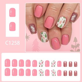 Christmas Press on Nails Short Square Fake Nails Press ons with Pink Glitter Design Cute Xmas Tree Nails Glossy Full Cover Candy Pink Glue on Nail Winter Holiday Christmas Nail for Women 24Pcs