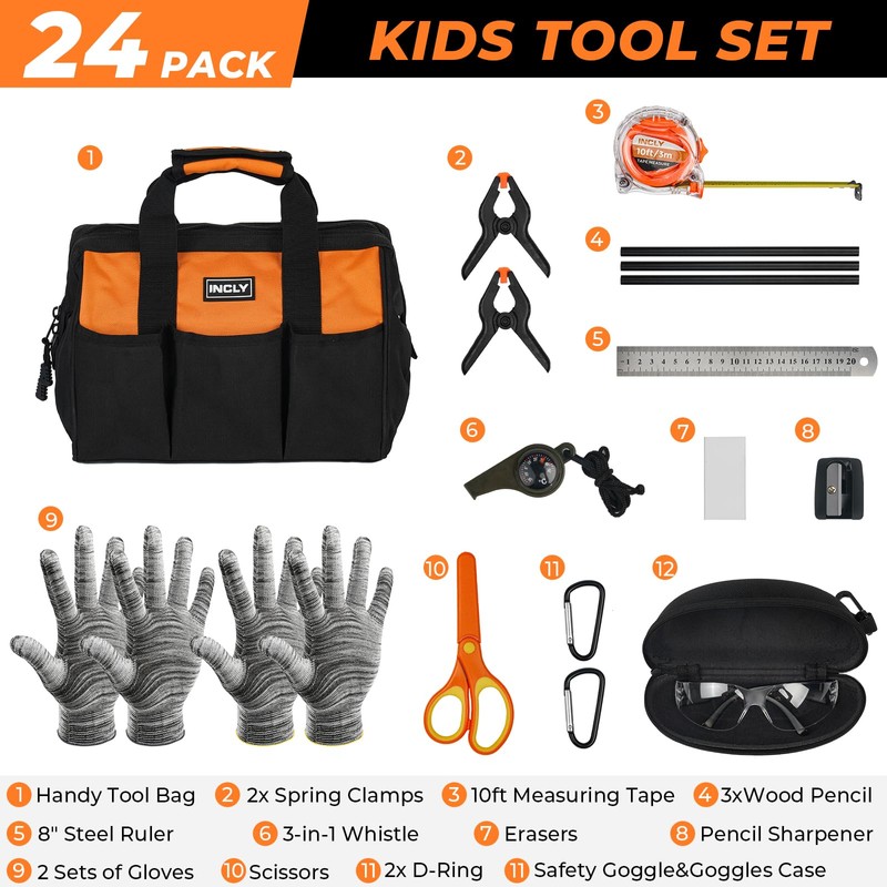 INCLY 24 PCS Kids Real Tool Set with Tool Bag,