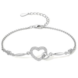 ZHOU LIU FU S925 Heart Bracelet Sterling Silver Love Bracelets Zirconia Crystal Bracelet Jewellery for Her Women Mom Wife Anniversary Birthday 19cm